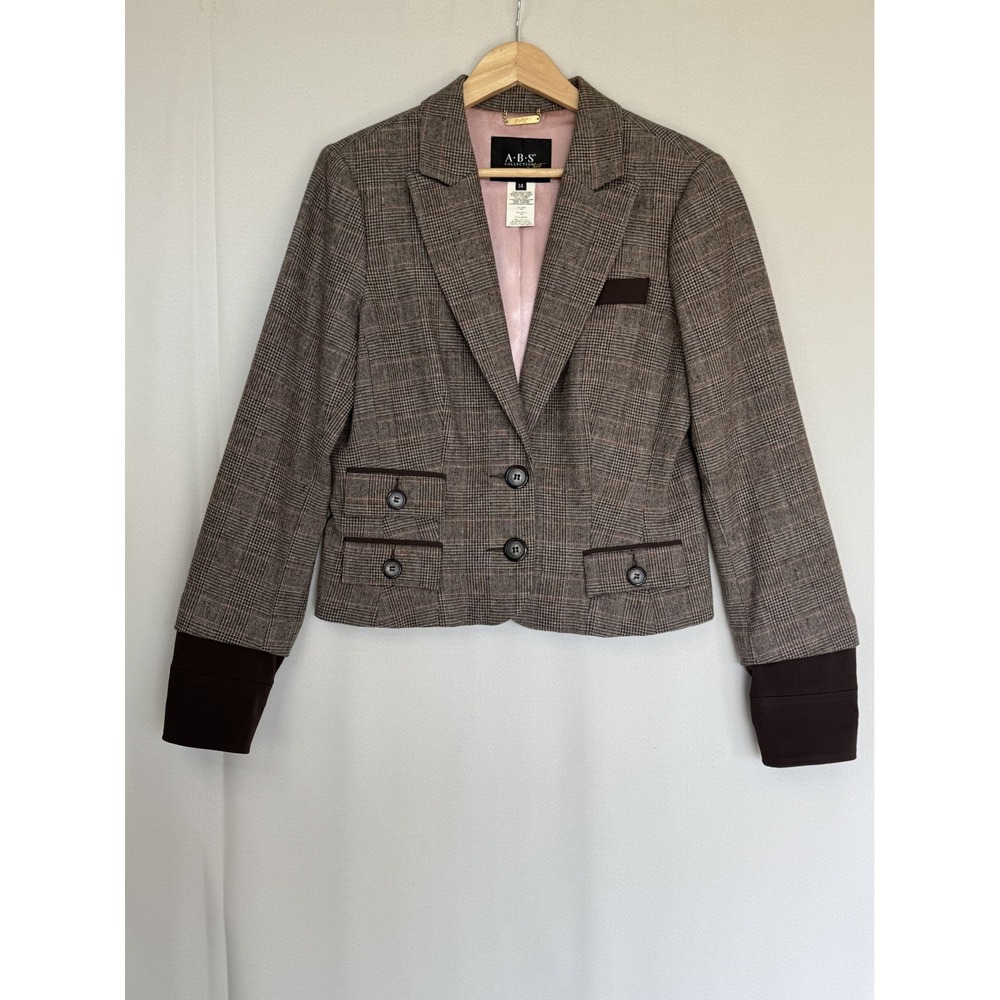 90s Vintage ABS Collection Brown Pink Plaid Double Zip Cuff Sport Blazer Size 14
